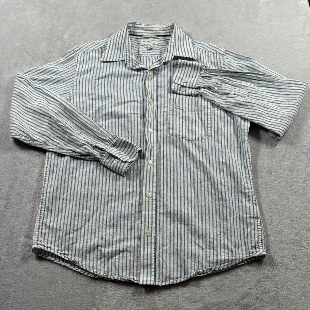 Banana Republic Mens Medium Linen Blend Striped Button Down Shirt Blue White